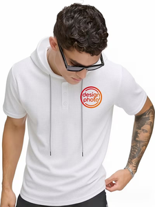 Men's White Hooded Short Sleeve T-Shirt Waffle Knit Regular Fit Casual Eco-Friendly 240g 100% Cotton - Product Image 1