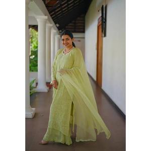 นักออกแบบ Georgette เย็บปักถักร้อยทำงานด้านบน Palazzo กับ dupatta มะนาว - Product Image 1