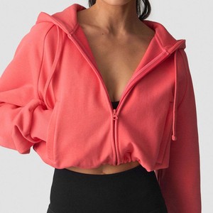 Fabricant OEM en gros de sweats à capuche courts personnalisés pour femmes, sweats à capuche zippés à épaules tombantes et manches longues pour femmes, à prix d'usine bas - Product Image 5