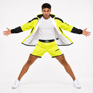 Men Neon Yellow Hooded Tracksuit Set Quick Dry Sporty Shorts Full Sleeve Lightweight Wear - Product Image 5