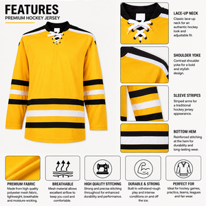 Maillot de hockey sur glace jaune pour homme, manches longues, design rayé, fermeture à nouer, évacuation de l'humidité, 100% polyester, vêtements de sport de haute qualité - Product Image 6