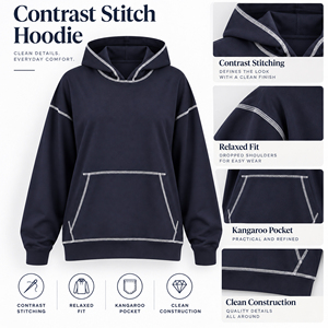 Womens Navy Contrast <b>Stitch</b> Hoodie Drop Shoulder Pullover Sweatshirt with Kangaroo Pocket Long Sleeve Urban Streetwear <b>Hoodies</b> - Product Image 3