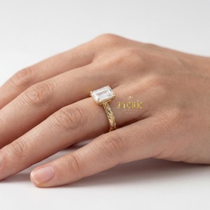 925 Sterling <b>Silver</b> <b>Emerald</b> Cut Lab Grown Diamond Engagement <b>Ring</b> Nature Inspired Engraved Leaf Shank Wedding <b>Ring</b> Women - Product Image 4