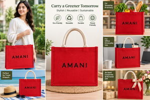 กระเป๋าช้อปปิ้งผ้ากระสอบพิมพ์ลายตัวอักษรสีแดงขนาดกลาง AMANI พร้อมหูหิ้วด้านบน ดีไซน์ทันสมัย เหมาะสำหรับเป็นของขวัญและใช้ในชีวิตประจำวัน - Product Image 6