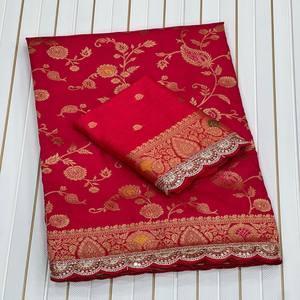 VASTRA COTTAGE Saree de Seda Dola Pura de Alta Calidad con Tejido Meenakari Zari en el Cuerpo y el Pallu, Bordado con Lentejuelas y Blusa en Contraste - Product Image 4