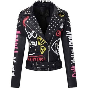 Womens Studded Leather <b>Jacket</b> <b>Punk</b> Style Black Motorcycle Biker <b>Jacket</b> PU Genuine Leather OEM Custom Wholesale - Product Image 4