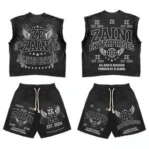 240 GSM Premium Polyester/Cotton <b>Sleeveless</b> <b>T</b> <b>Shirt</b> Short Set Washed Black Vintage Breathable Summer Custom Logo Set - Product Image 1