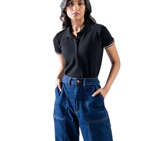 <b>Womens</b> <b>Black</b> <b>Polo</b> <b>Shirt</b> Short Sleeve Solid Color Casual Breathable Woven Regular Fit 100% Cotton Oxford Fabric OEM Wholesale - Product Image 2