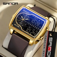 SANDA 6163 Jam Tangan Pria Analog Digital Casing Persegi Tampilan Ganda Tali Kulit Silikon Baja Jam Tangan Bisnis Olahraga Multifungsi