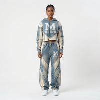 Ensemble de survêtement deux pièces pour femme : sweat à capuche court brodé uni délavé avec fermeture éclair et pantalon de jogging large avec ceinture