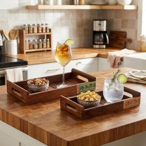 Premium Wooden Serving <b>Tray</b> with Home and <b>Kitchen</b> Purpose Organizer Natural Color Available With Customized Sticker on Edge - Product Image 5