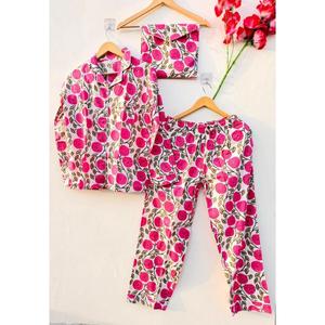 Women Cotton Pajama Set Pink Floral Print Summer Wear Night Suit Soft Breathable Button <b>Down</b> Sleepwear Loungewear Set - Product Image 1