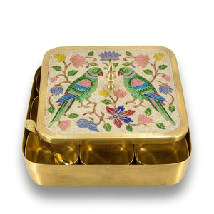 Handcrafted Brass <b>Masala</b> <b>Box</b> with Tiger Meenakari Art Decorative Spice Storage Container for Kitchen Dining Table Gift Use - Product Image 6