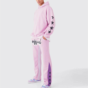 Ensemble de survêtements classiques pour hommes en tissu éponge délavé personnalisé avec fermeture éclair et broderie, pantalon évasé oversize - Product Image 1