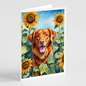 Nova Scotia Duck Tollers and Sunflowers Whimsical A7 Tarjetas de felicitación Pack 8 Tarjetas de nota en blanco con sobres Tamaño 5x7 - Product Image 1