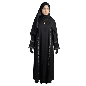 Abaya noire brodée, simple, droite, naturelle et modeste, avec col rond, manches longues, robe longue jusqu'au sol pour femmes, service OEM - Product Image 1