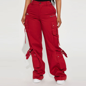 Pantalones Cargo de Cintura Alta para Mujer, Personalizados, Rojos, de Lona, Corte Holgado, Largos, con Bolsillos, Cierre de Botones, Estilo Utilitario, Proveedor OEM - Product Image 2