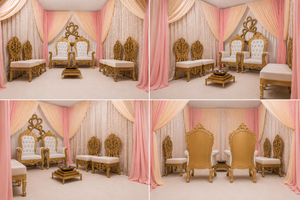 Ensemble de chaises de mariage modernes ouvertes de style Maharaja, chaises de mariage haut de gamme avec Havan Kund, chaises de mariée et de marié sculptées en or pour la cérémonie Vidhi - Product Image 2