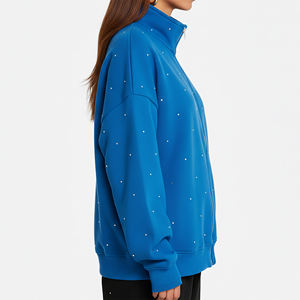 Nouveau modèle 2025 Sweat-shirt pour femme coupe ample zippé entièrement orné de strass, coupe oversize, épaules tombantes, col montant - Product Image 2