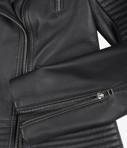 SBEA IMPEX Womens Black Genuine Leather Biker Jacket Slim Fit Asymmetrical Zip Moto Jacket <b>Quilted</b> Padded Puff Sleeves Crew - Product Image 6