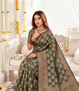 Sari traditionnel vert or en mousseline de soie et organza pour femme, tenue de mariage, longueur au sol, coupe classique, style indien pakistanais, avec paillettes - Product Image 5