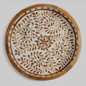 Bandeja de Servir Artesanal con Incrustaciones Florales en Hueso |   Organizador de Mesa de Centro de Madera con Mosaico y Bandeja Otomana de Lujo - Product Image 6