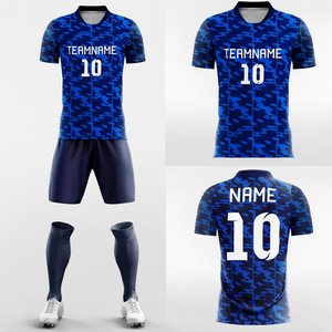 ชุดเสื้อฟุตบอลชายแบบกำหนดเอง ลายสก็อตสีน้ำเงิน พิมพ์ลายแบบ Sublimation ผ้าโพลีเอสเตอร์ 100% ระบายเหงื่อได้ดี คอวี แขนสั้น ชุดทีม - Product Image 1