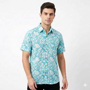 Chemise décontractée pour homme à manches courtes, imprimé floral, en coton, col rabattu, style été, respirante, écologique, séchage rapide, popeline - Product Image 1
