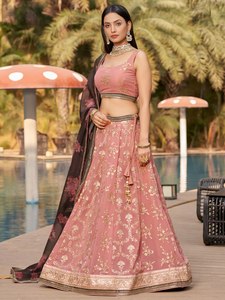 Pink Organza Embroidered <b>Lehenga</b> Set With Floral Print And Spaghetti Strap Crop Top For Bridesmaid - Product Image 1