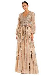 Elegante Vestido Largo Recto de Gasa con Lentejuelas, Cuello en V, Mangas Cortas, Cintura Natural, Vestido de Noche Formal con Logotipo Frontal - Product Image 5