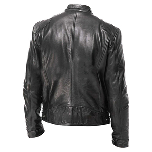 Blouson moto en cuir noir pour homme, col montant, fermeture éclair, coupe ajustée, couleur unie, manches classiques, idéal pour l'automne - Product Image 6