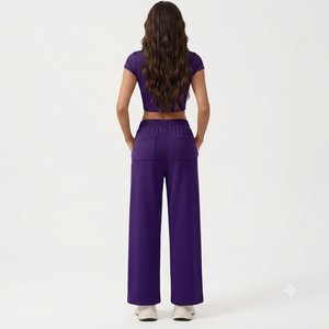 Royal Purple Crew Neck Short Sleeve <b>Crop</b> <b>Top</b> Wide Leg Pants Activewear Set Spandex/Nylon Quick Dry Casual Gym Fitness Sportswear - Product Image 2
