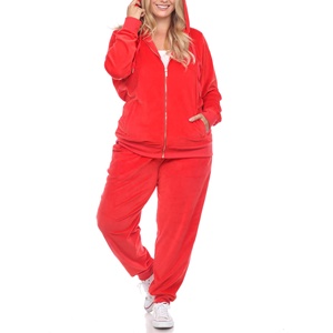 Women Plus Size Red Hooded Tracksuit Set Full Length Solid Color Casual Joggers with Side Pockets Zipper Fly Fleece Winter Wear - Product Image 1