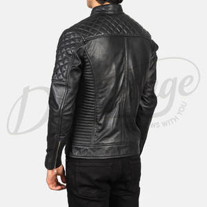 Veste en cuir véritable noire pour homme de qualité supérieure, veste de motard cintrée avec épaulettes matelassées, col montant élégant, manteau d'hiver décontracté - Product Image 2