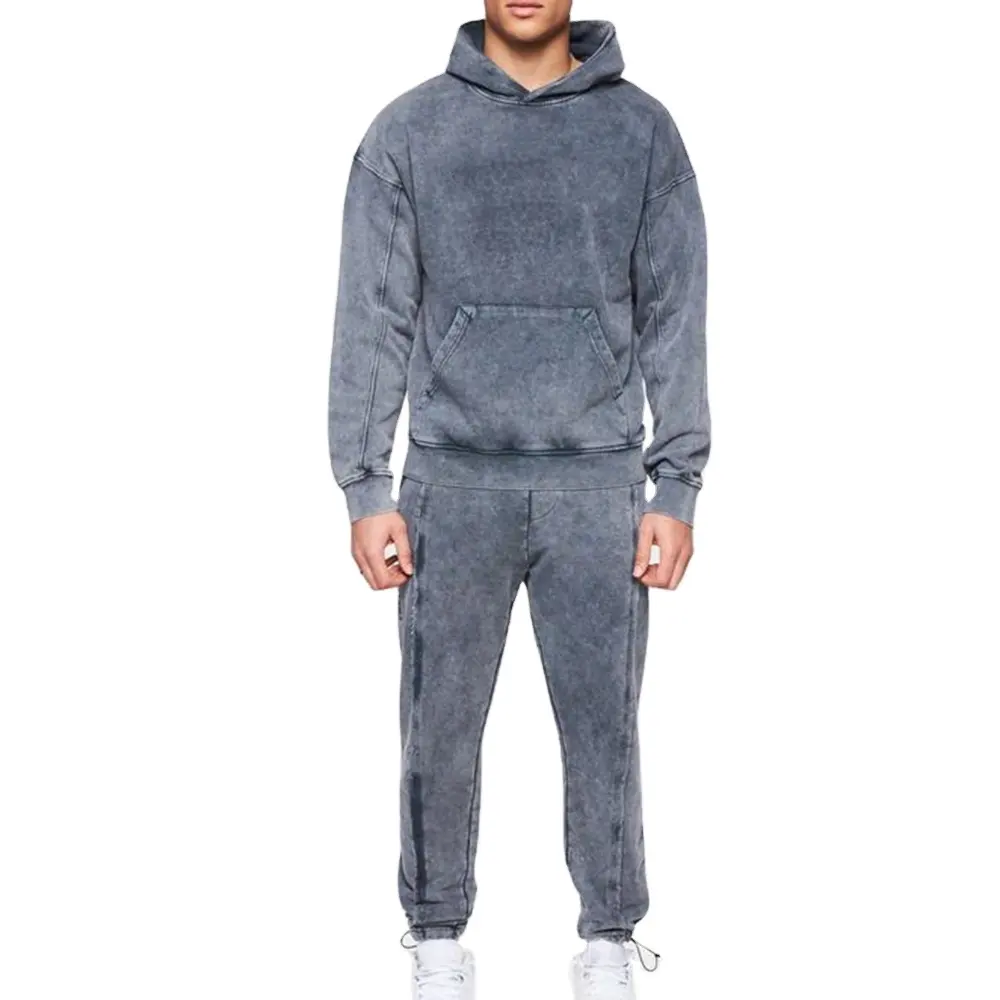 Men's custom embroidery cotton jogger sweatsuit two piece set plus size tech fleece hoodie acid wash tracksuit for men