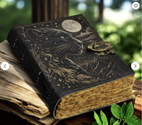 En gros New Era Grimoire en cuir Panthère Noire, motif Lune Céleste et Montagne, à bords festonnés, fait main, Thème Ombres, 100 feuilles UV