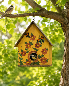 Nichoir mural en métal jaune à motif floral, résistant aux UV, pour jardin, cour, balcon, décoration extérieure pour arbres - Product Image 1