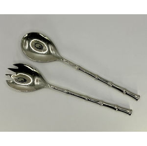Ensemble de 2 cuillères à salade en métal plaqué argent vintage avec manches à motif bambou, élégants ustensiles de service de table en promotion - Product Image 1
