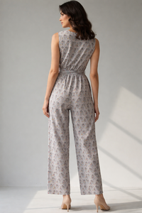 Women Woven Floral Printed Breathable Eco-Friendly Sleeveless Jumpsuit Summer Casual Wide Leg Cotton Viscose <b>Linen</b> Tie-Up Waist - Product Image 3