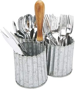 Panier à ustensiles multifonctionnel en métal galvanisé de style rustique vintage avec poignée en bois naturel, parfait pour le rangement portable - Product Image 4