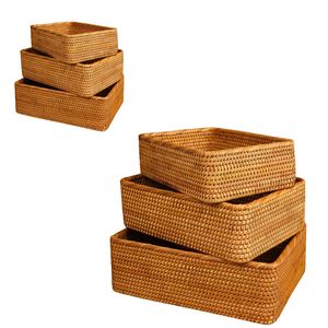 Durable Rectangular Wicker RATTAN <b>BASKET</b> / <b>TRAY</b> 3-Piece Natural Woven Kitchen Organizer - Product Image 1