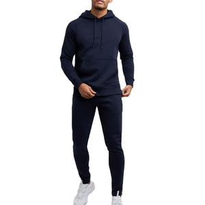 Men's Navy Blue Hooded Tracksuit 100% Cotton Full Length Solid Color Casual Wear With Side Pockets Elastic Waist Winter Style - Product Image 1