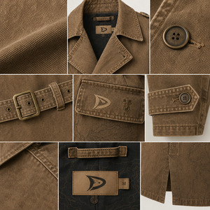 Gabardina de mezclilla sobrachapada para hombre, color marrón camel, larga, con doble botonadura y cinturón, ropa exterior de moda personalizada de primera calidad - Product Image 4