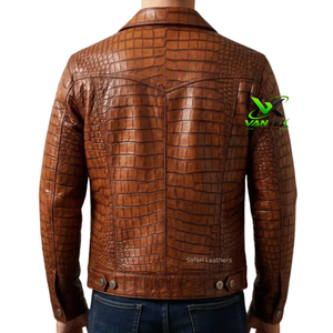 VANTEX SPORTS Men's Brown Croc Embossed Genuine Canvas Motorcycle <b>Jacket</b> Stand Collar Breathable Fabric <b>Sheep</b> Lining Snake <b>Skin</b> - Product Image 2