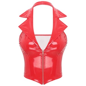Top corto de cuero sintético con efecto mojado para mujer, con cuello halter profundo en V y espalda descubierta, sexy camisola para fiestas, festivales, raves y ropa de club. - Product Image 4