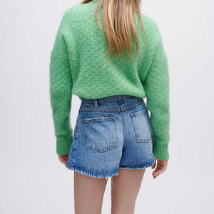 Shorts de mezclilla de cintura alta con cuentas y dobladillo deshilachado, estilo casual de verano, shorts de algodón lavado vintage de pierna recta para mujer - Product Image 3