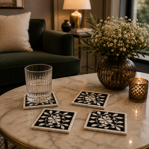 Juego de posavasos con incrustaciones de hueso para hoteles y hogares, diseño floral, alto brillo, posavasos para bebidas, posavasos para tazas de café, proveedor mayorista - Product Image 1