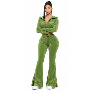Ensemble de survêtement vert à capuche pour femme, manches longues, fermeture éclair frontale, logo brodé, ourlet fendu, tenue décontractée avec sweat-shirt et pantalon - Product Image 2