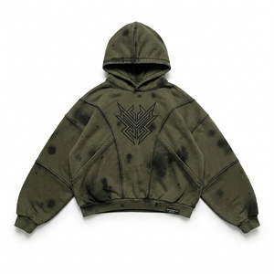 Sweat à capuche oversize vintage délavé à l'acide pour homme, doublé pour l'hiver, tricoté, streetwear, avec motif graphique 3D brodé sur le devant - Product Image 4