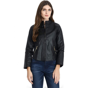 Chaqueta de Cuero para Mujer, Cuero Sintético, Corte Ajustado, Cuello Alto, Cierre de Cremallera, Moda Otoño Invierno - Product Image 3